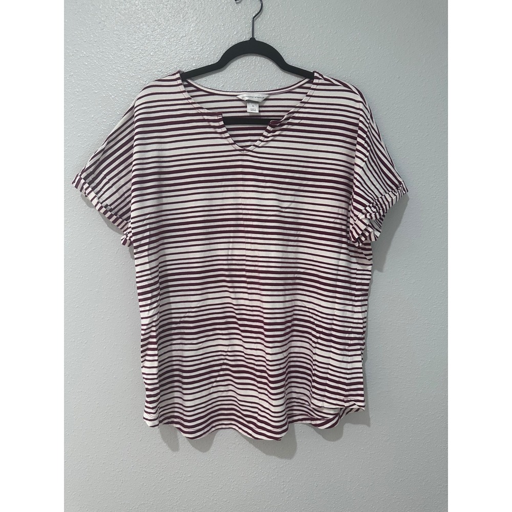 Christopher & Banks Womens XL Burgundy White Striped Split V-Neck Top Cuffed Tee
